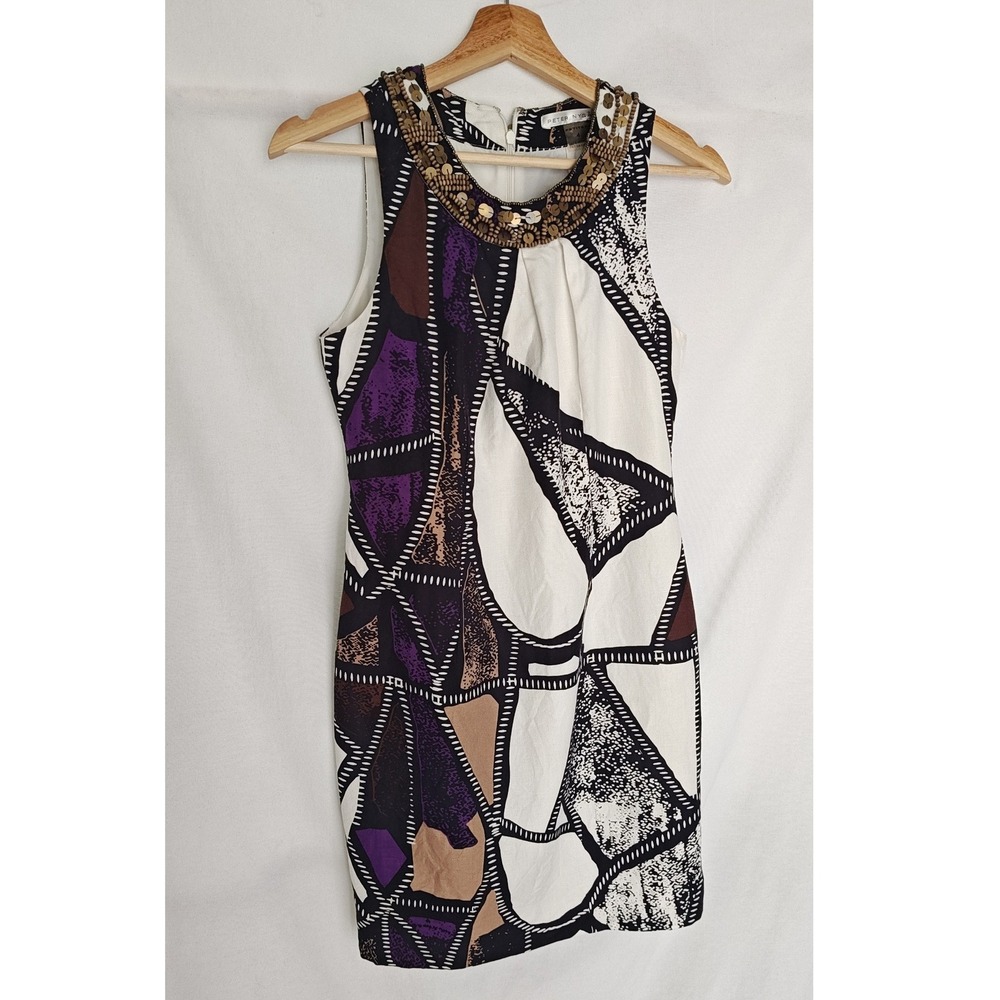 Peter Nygard Sheath Dress Geometric Beaded Neck Linen Blend 4P White Purple